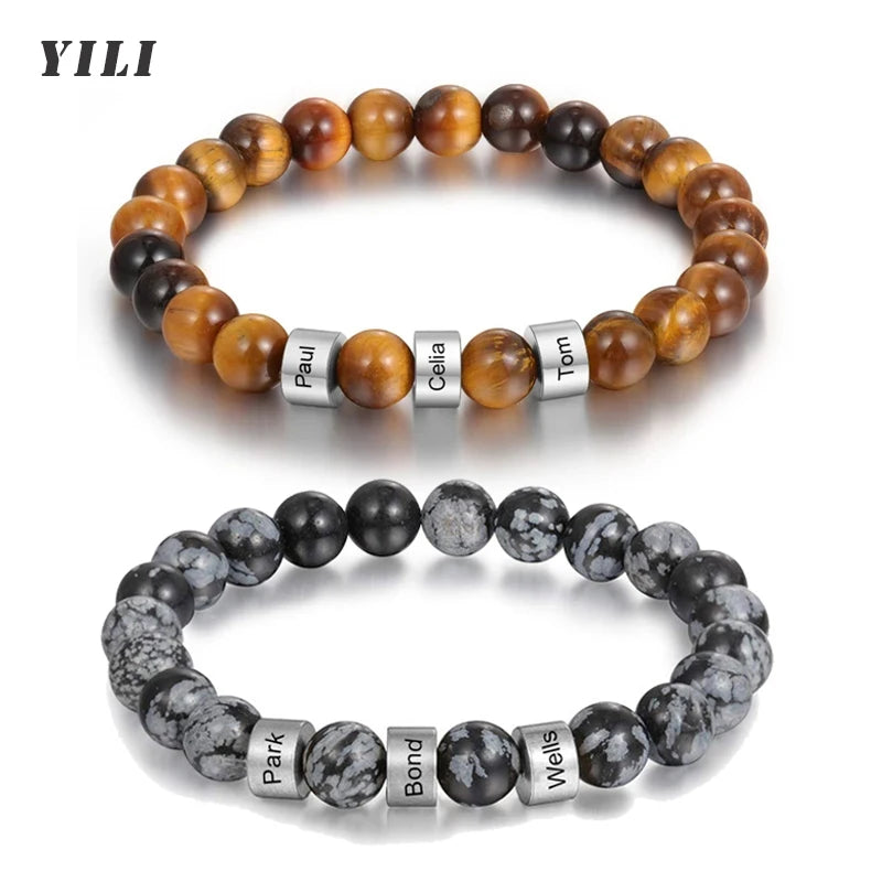 Gepersonaliseerde armbanden van roestvrij staal met kralen en gegraveerde naam, op maat gemaakte armbanden met tijgeroog, cadeau voor mannen, hem, Vaderdag cadeau