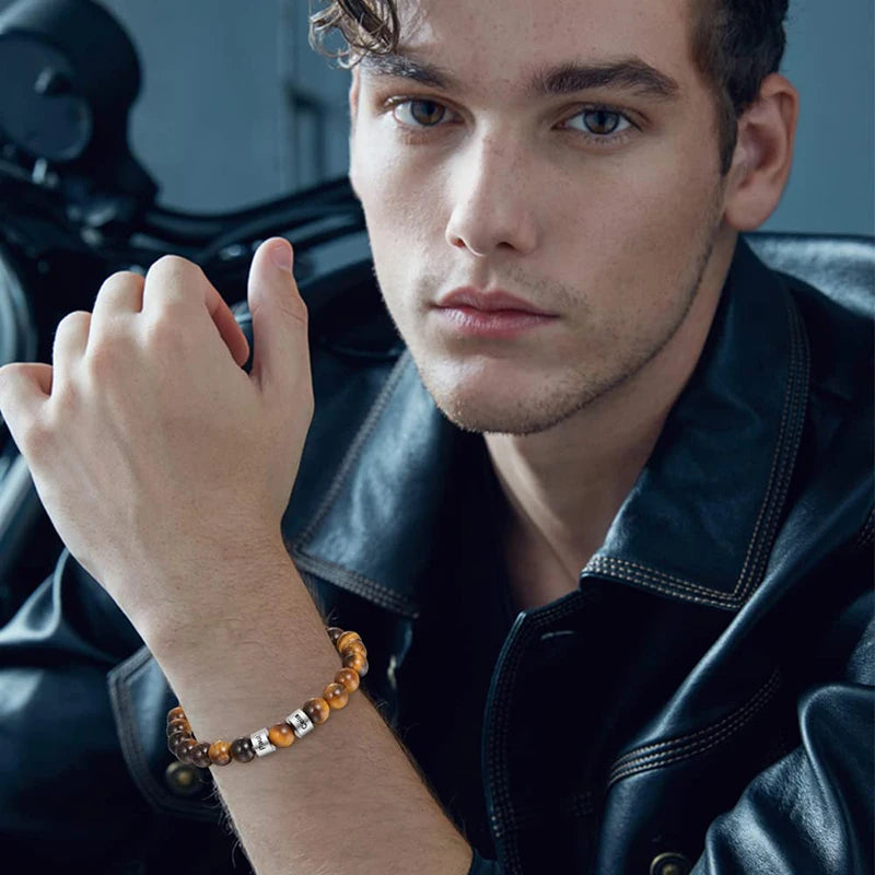 Gepersonaliseerde armbanden van roestvrij staal met kralen en gegraveerde naam, op maat gemaakte armbanden met tijgeroog, cadeau voor mannen, hem, Vaderdag cadeau