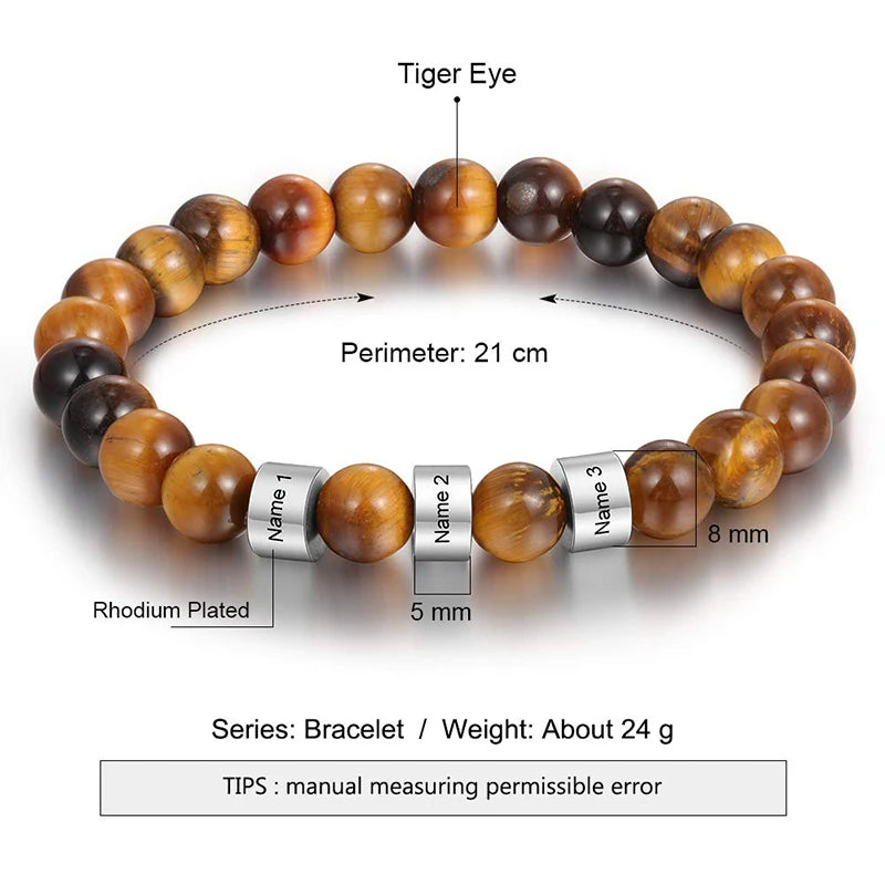 Gepersonaliseerde armbanden van roestvrij staal met kralen en gegraveerde naam, op maat gemaakte armbanden met tijgeroog, cadeau voor mannen, hem, Vaderdag cadeau