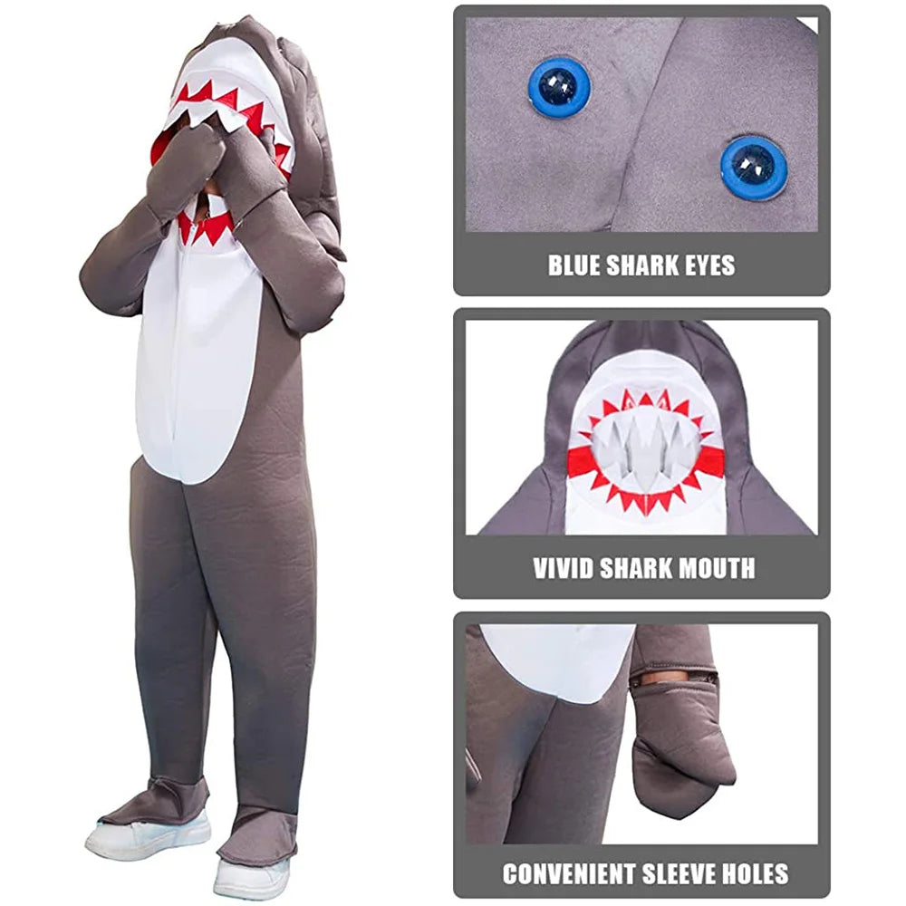 Boy Cute Shark Hooded Jumpsuits Boys Girls Halloween Animals Cosplay Costume Carnival Easter Purim Fancy Dress