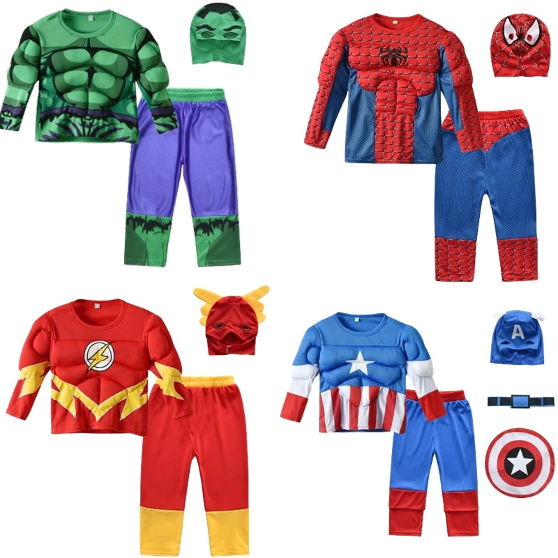 Superhero Hulk Captain America Cosplay Costume Boy Girl Clothes Spiderman Muscle Suit Halloween Carnival Birthday Party Outfits