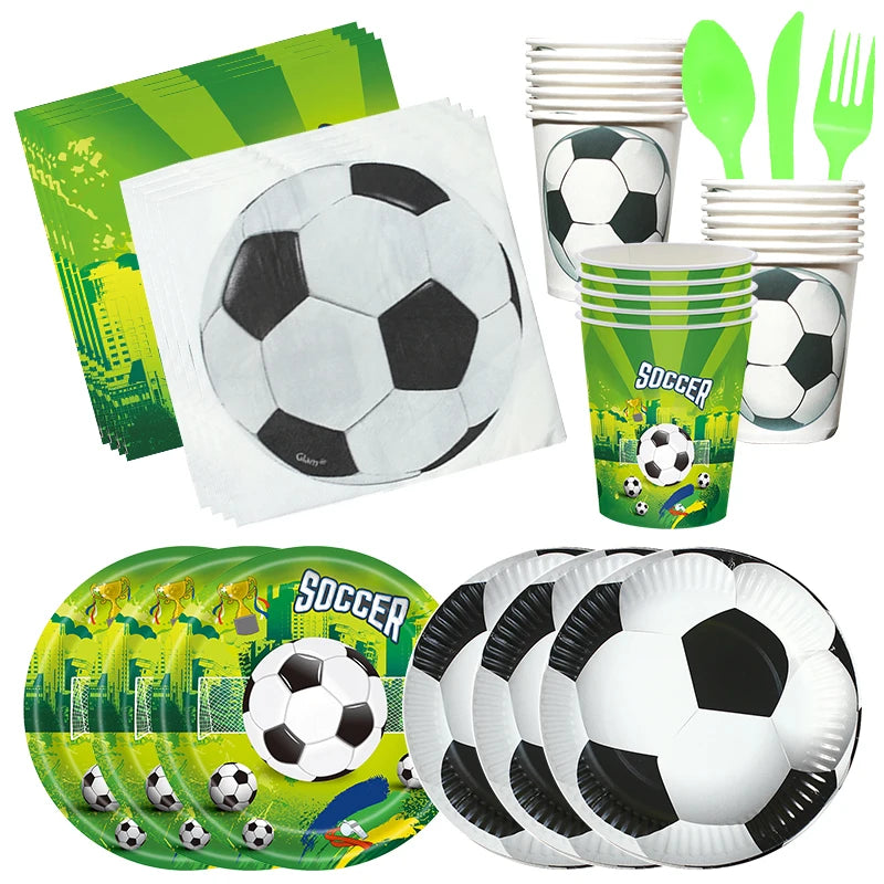 Voetbal Thema Verjaardagsfeestje Decoratie Servies Set Ballon Kit Voetbal Party Jongen Meisje kind Gunsten Banner Achtergrond Cup Plaat
