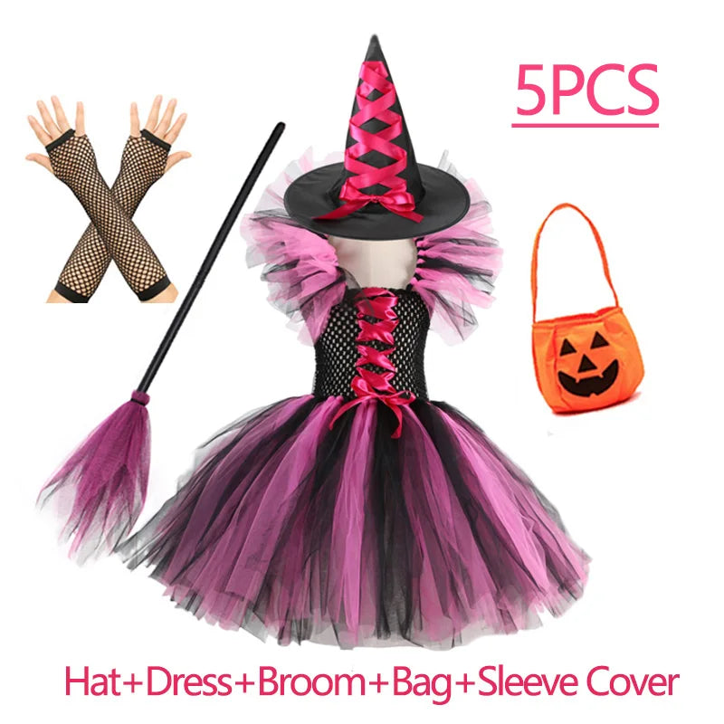 Girls Colour Witch Costume Disguise Halloween Cosplay Carnival Party Christmas Toddler Kids Princess Dress Prom Gown Dress