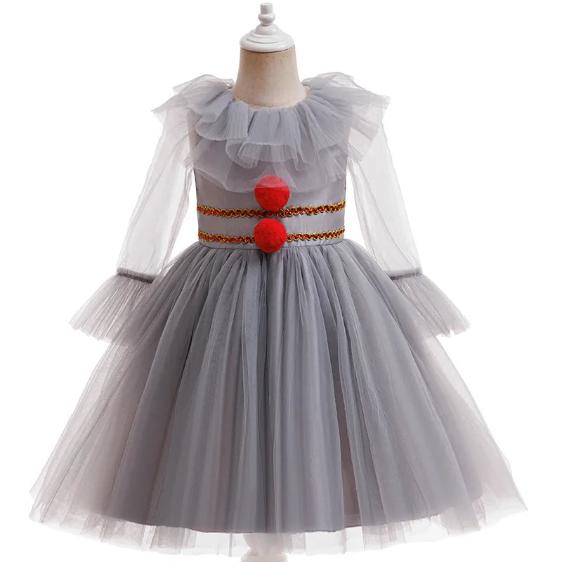 Gray Girls Joker Cosplay Halloween Costume Tutu Dress Creepy Clown Kids Carnival Party Clothes Children Tulle Fancy Party Dress