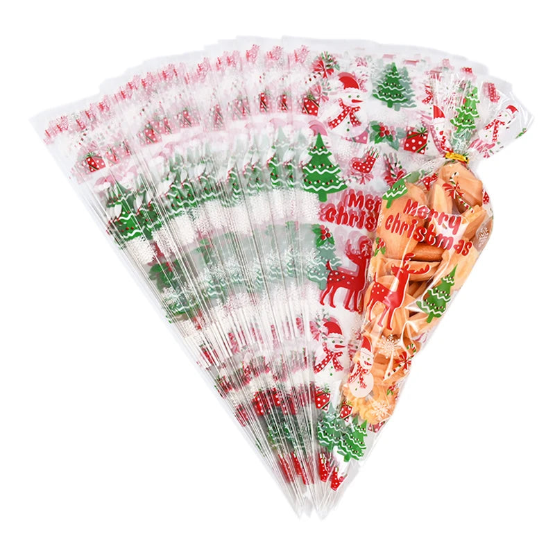 100 stks Kerst Transparant Pakket Cellofaan Kegel Snoep Zakken Popcorn Zoete Zak Vrolijk Kerstfeest Decor 2025 Nieuwjaar Navidad