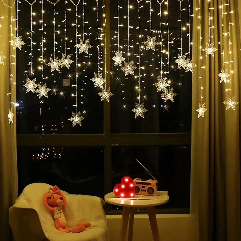 3.5M Christmas Light Led Snowflake Curtain Icicle Fairy String Lights Outdoor Garland for Home Party Garden New Year Decoration