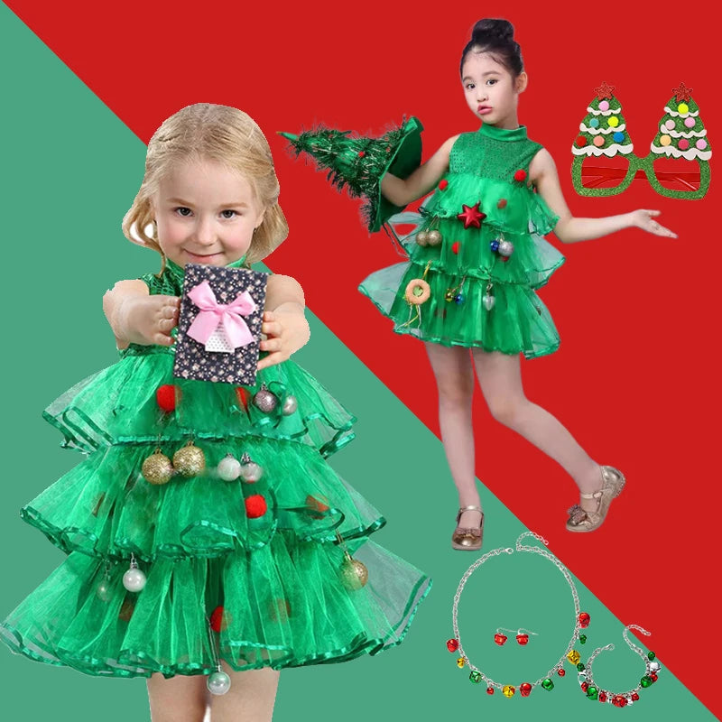 2025 Kids Girls Cosplay Christmas Tree Dress for Kids Costume With Green Hats Sleeveless Plush Ball Party Birthday Clothes 1-15Y