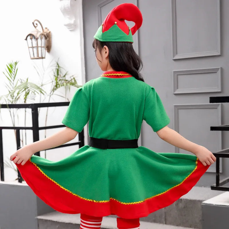 Kids Christmas Elf Costume Set Green Santa Suit with Hat for Little Girls Fancy Party Performance Outfit Dress Up Wear