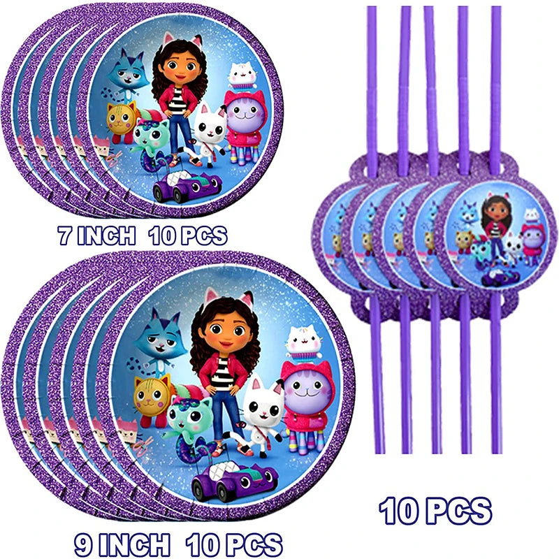 Gabby Dollhouse Birthday Decoration Balloon Tableware Plate Napkin Cup Straw Backdrop Banner for Kids Baby Shower Party Supplies