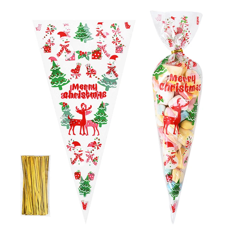 100 stks Kerst Transparant Pakket Cellofaan Kegel Snoep Zakken Popcorn Zoete Zak Vrolijk Kerstfeest Decor 2025 Nieuwjaar Navidad