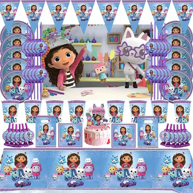 Gabby Dollhouse Birthday Decoration Balloon Tableware Plate Napkin Cup Straw Backdrop Banner for Kids Baby Shower Party Supplies
