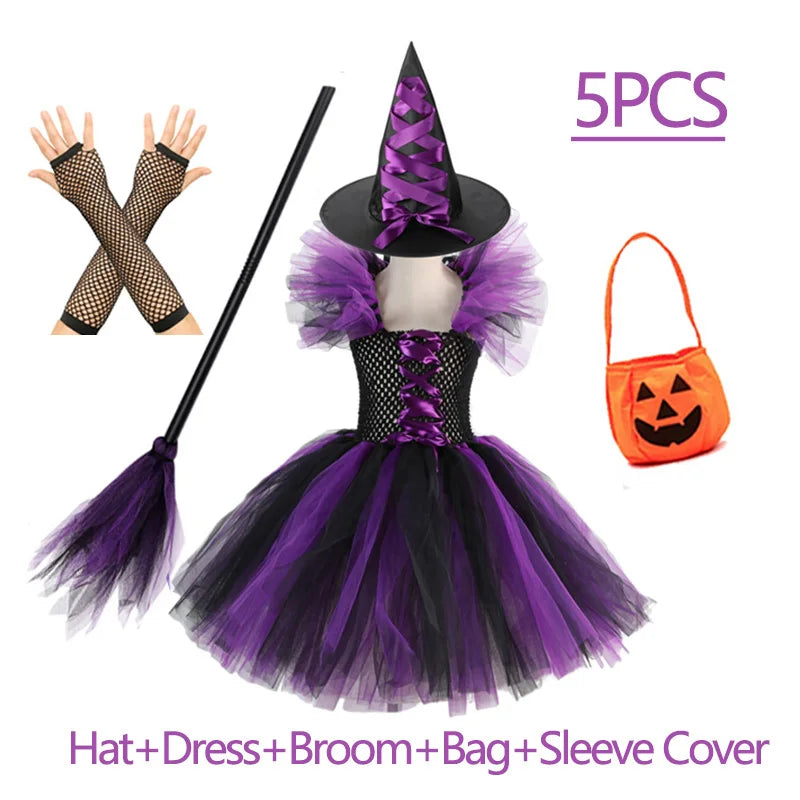 Girls Colour Witch Costume Disguise Halloween Cosplay Carnival Party Christmas Toddler Kids Princess Dress Prom Gown Dress
