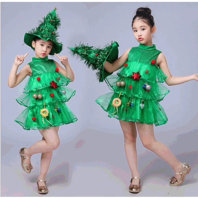 2025 Kids Girls Cosplay Christmas Tree Dress for Kids Costume With Green Hats Sleeveless Plush Ball Party Birthday Clothes 1-15Y