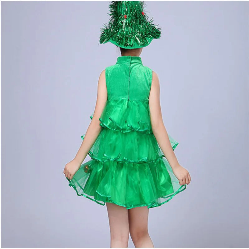 2025 Kids Girls Cosplay Christmas Tree Dress for Kids Costume With Green Hats Sleeveless Plush Ball Party Birthday Clothes 1-15Y