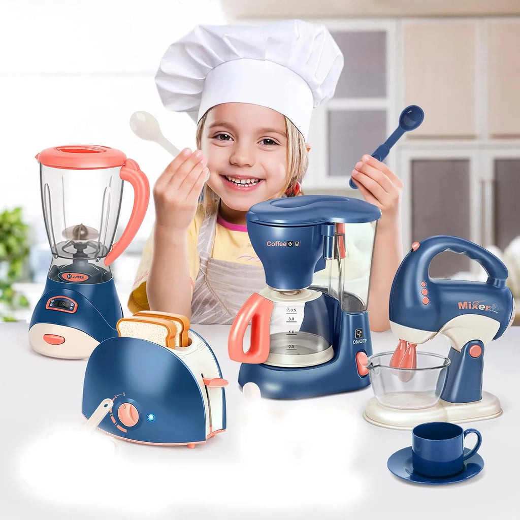 Pretend Play Toys for Kids, Pretend Play Kitchen Appliances Toy Set with Coffee Maker Machine,Mixer and Toaster Sound and Light