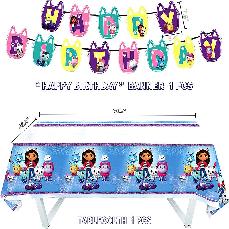 Gabby Dollhouse Birthday Decoration Balloon Tableware Plate Napkin Cup Straw Backdrop Banner for Kids Baby Shower Party Supplies