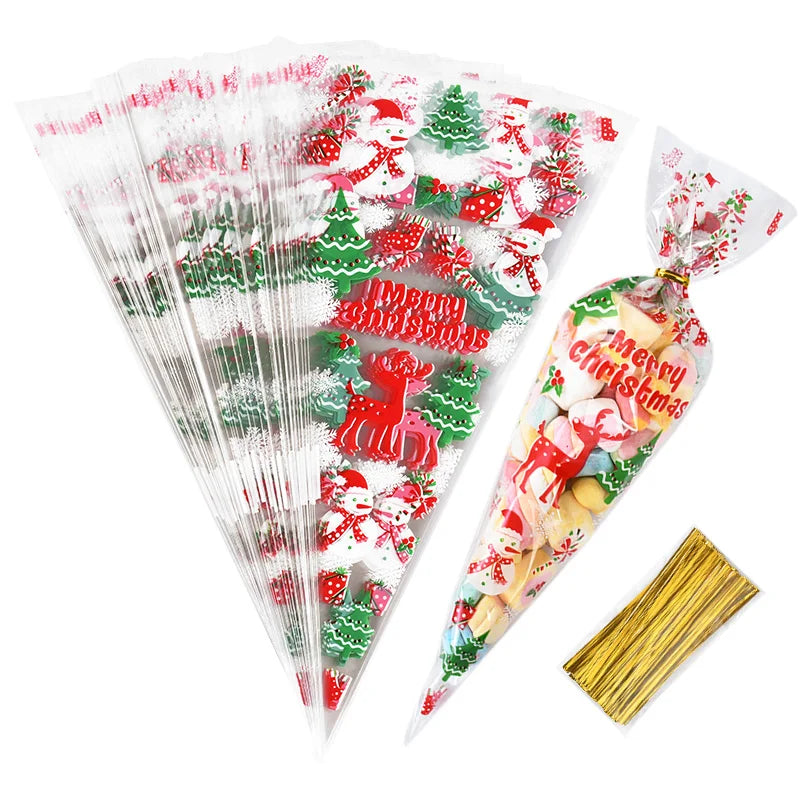100 stks Kerst Transparant Pakket Cellofaan Kegel Snoep Zakken Popcorn Zoete Zak Vrolijk Kerstfeest Decor 2025 Nieuwjaar Navidad