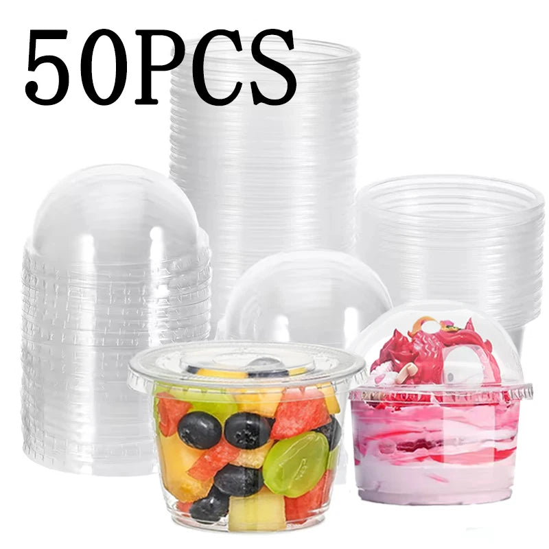 50 STUKS Wegwerp Transparante Plastic Bekers Dome Platte Deksels Melk Thee Kopjes Kommen Vruchtensap Koffie Ijs Taart Container
