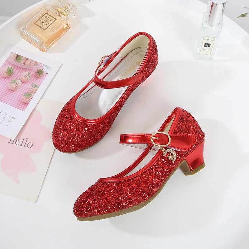 Girls Purple High Heels For Kids Princess RED Leather Shoe Footwear Children's Dress Party Wedding Shoes Round Toe 1-3CM