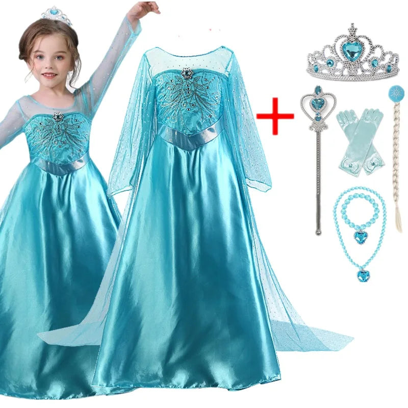 Elsa Jurk Voor Meisjes Kinderen Verjaardagsfeestje Prinses Kostuum Kids Halloween Vermomming Lange Mouw Sneeuw Koningin Carnaval Kleding