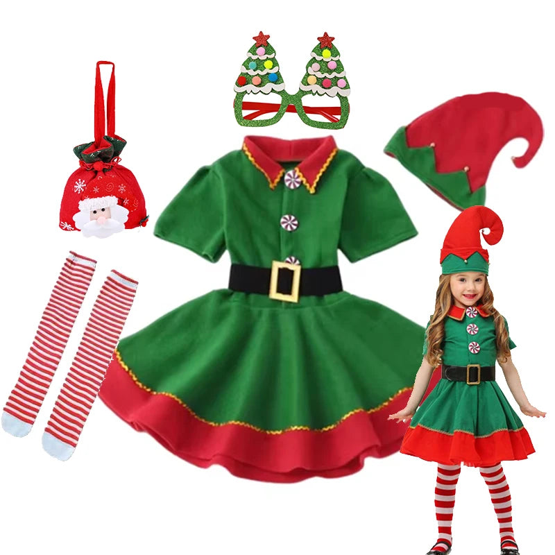 Kids Christmas Elf Costume Set Green Santa Suit with Hat for Little Girls Fancy Party Performance Outfit Dress Up Wear