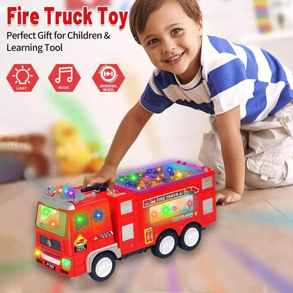 4D Truck Toys for Boys Girls Toddler Car Toys Fire Vehicle Toy with Sounds & Lights Firetruck Christmas Birthday Gift for Kids