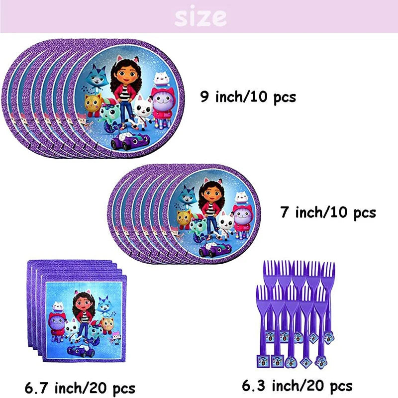 Gabby Dollhouse Birthday Decoration Balloon Tableware Plate Napkin Cup Straw Backdrop Banner for Kids Baby Shower Party Supplies