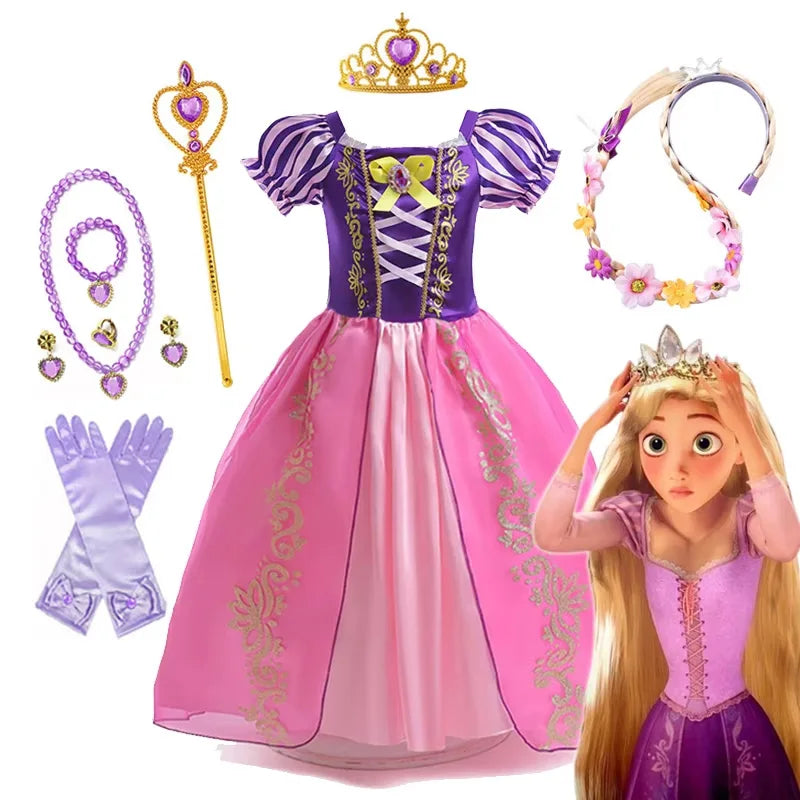 Disney Rapunzel Prinses Jurk Meisje Paars Bladerdeeg Mouw Cosplay Tangled Kostuum Halloween Vestido Kids Verjaardag Baljurk Kleding
