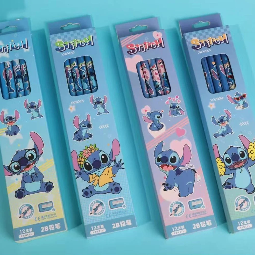 12PCS Disney Cartoon Stitch Pencil School Supplies Kid Rubber School Supplies Pencils Pencil Roller Hb Pencils Birthday Gift