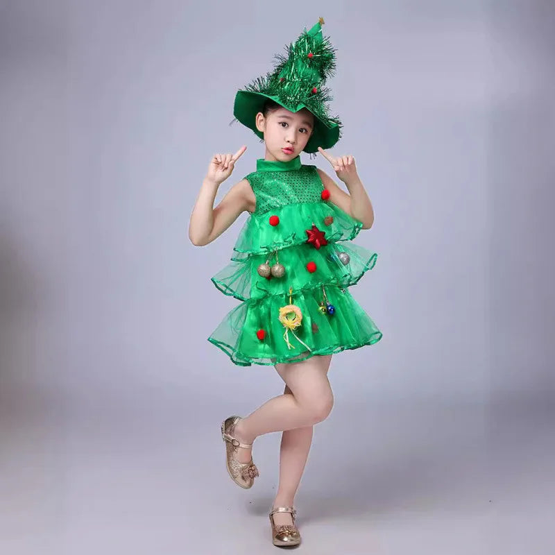 2025 Kids Girls Cosplay Christmas Tree Dress for Kids Costume With Green Hats Sleeveless Plush Ball Party Birthday Clothes 1-15Y
