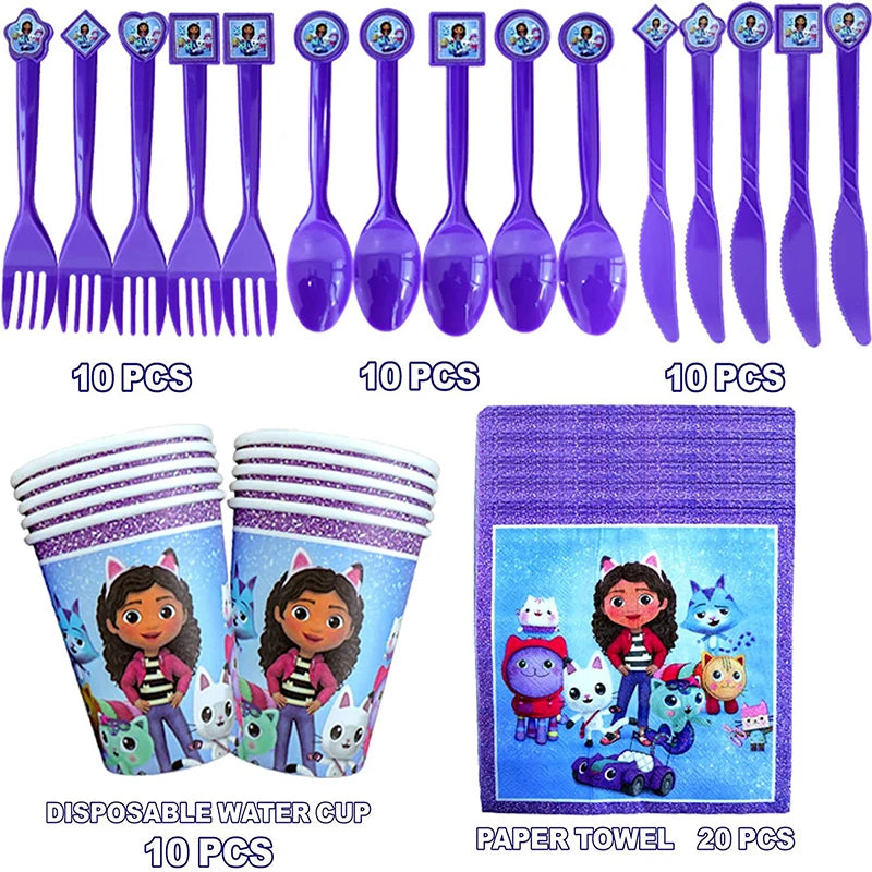 Gabby Dollhouse Birthday Decoration Balloon Tableware Plate Napkin Cup Straw Backdrop Banner for Kids Baby Shower Party Supplies