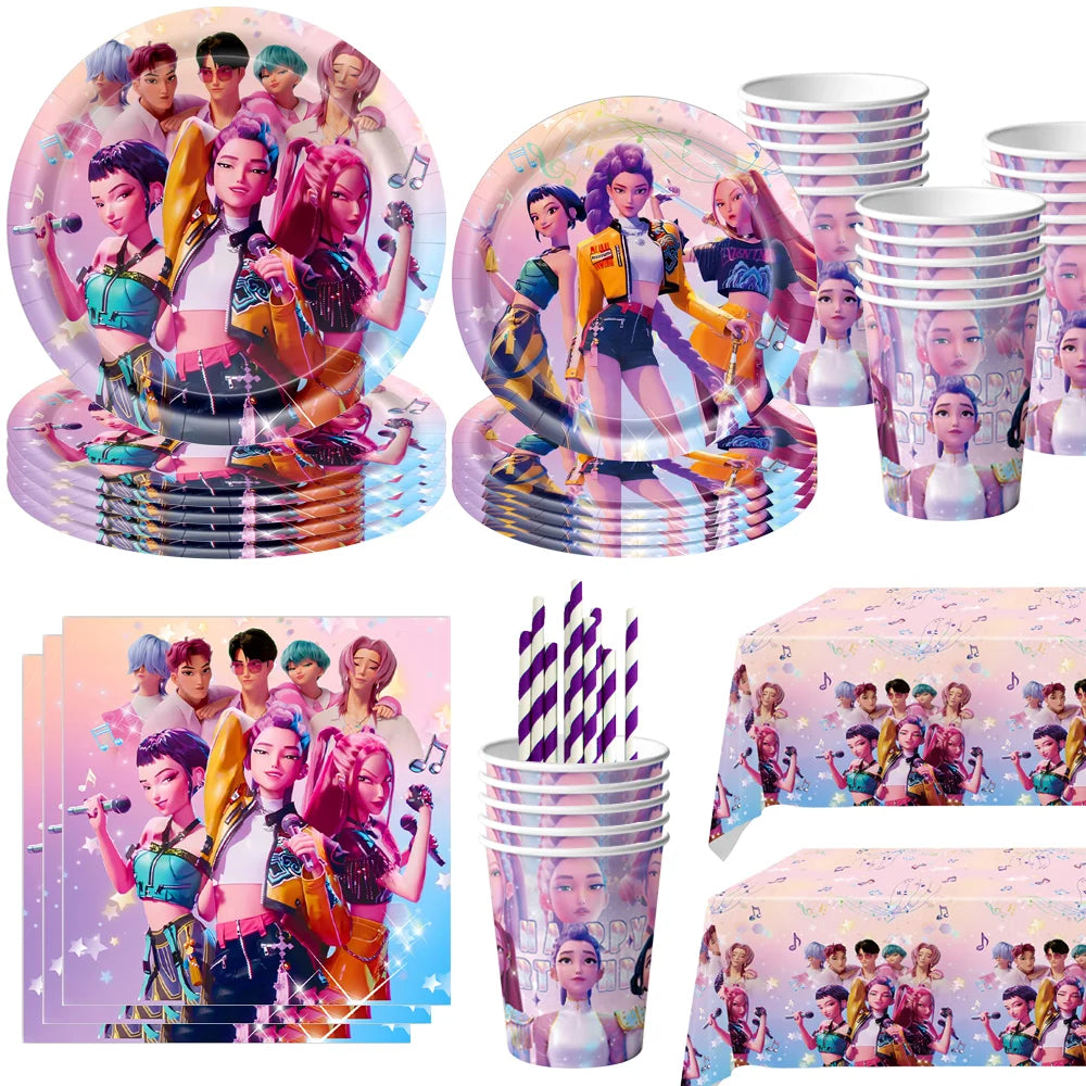 Demon Hunters Verjaardagsfeestje Decor Servies Banner Decoraties Cake Topper Ballon Meisje Kid Koreaanse Kpop Anime Party Leveranties Set