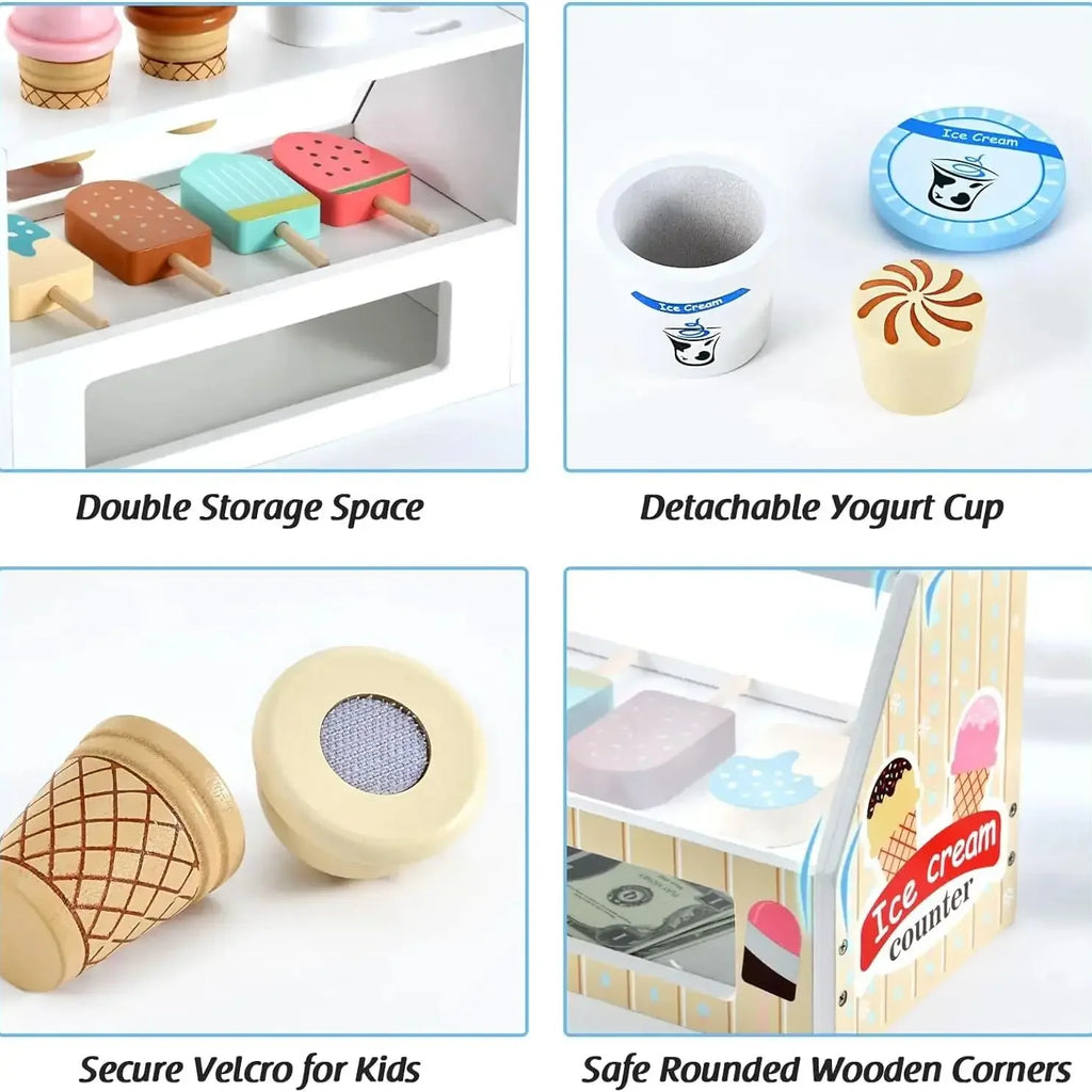 Ice Cream Counter Playset for Kids Montessori Pretend Play Food Toys Kitchen Accessories with Coin Role Play for Kids Girls Boys