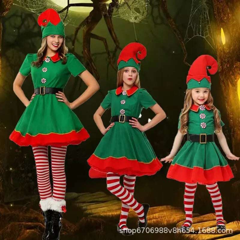 Kids Christmas Elf Costume Set Green Santa Suit with Hat for Little Girls Fancy Party Performance Outfit Dress Up Wear