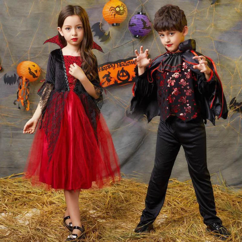 Halloween Girl Cosplay Vampire Dress For Kids Ghost Bride Vampire Costume Vampiran Carnival Party Outfits Scarlet Gothic Clothes