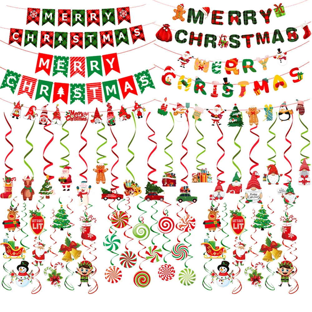 Merry Christmas Banner and Ceiling Hanging Swirls Christmas Garlands Santa Claus Snowman Christmas Party Banner Decorations