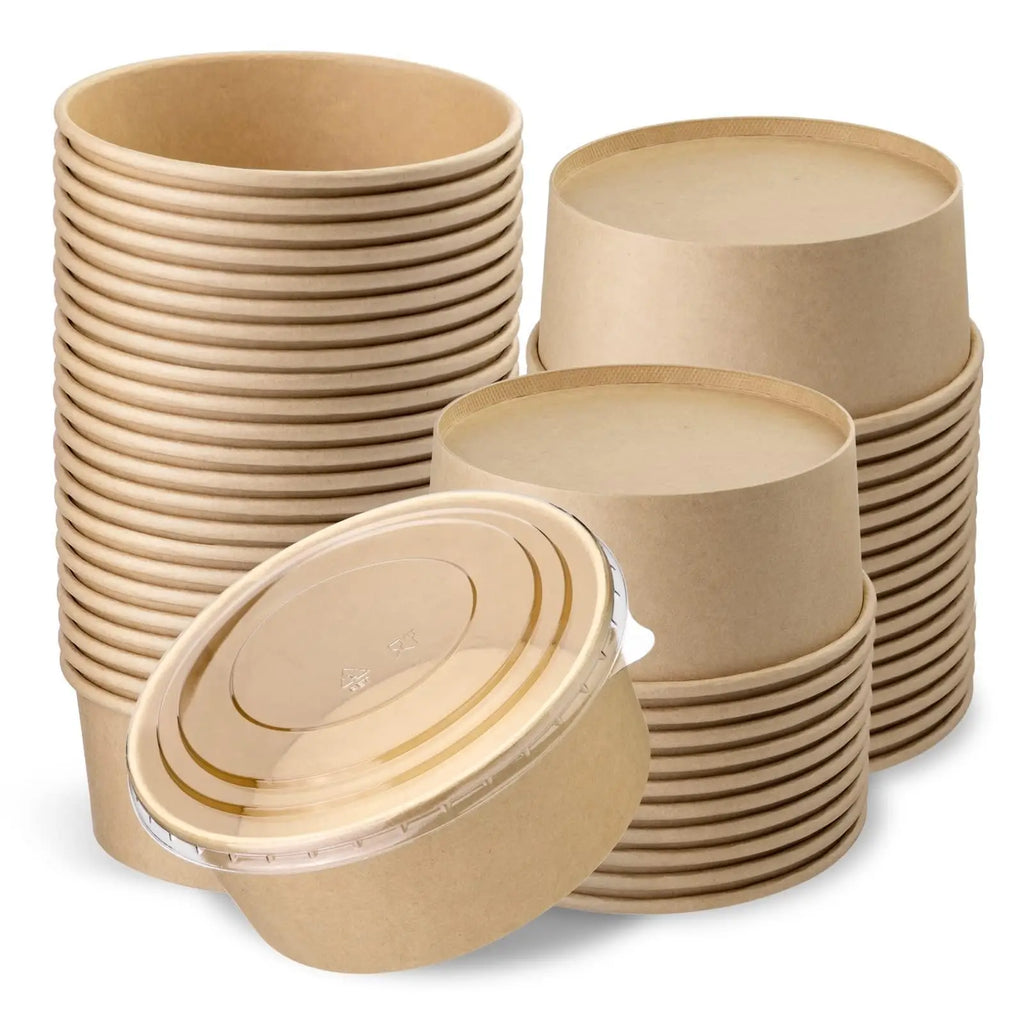 25 stuks wegwerp papieren saladekommen met transparante deksels, wegwerp ronde kraftpapier voedselcontainers, feestkommen