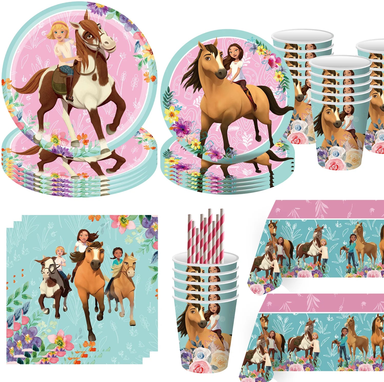 Cartoon Paard Verjaardagsfeestje Decoratie Geest-Hengst Jongen Meisje Gunst DIY Cake Topper Cup Plaat Tafelkleed Baby Douche Benodigdheden