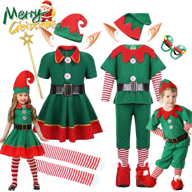 Christmas Santa Claus Costume for Girls Boys Cosplay Green Elf Carnival Party 2025 New Year Fancy Dress Kids Xmas Clothes Set