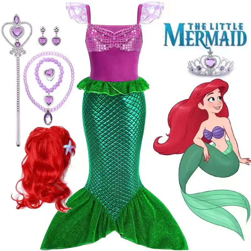 Girls Cosplay Disney Little Mermaid Ariel Prom Princess Costumes Kids Summer Casual Dress Halloween Birthday Party Dress Up 2025