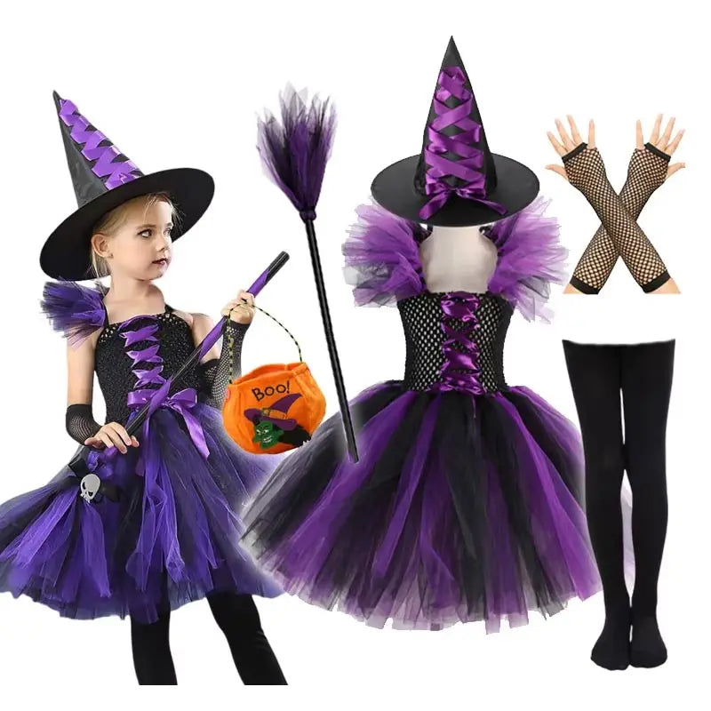 Girls Colour Witch Costume Disguise Halloween Cosplay Carnival Party Christmas Toddler Kids Princess Dress Prom Gown Dress
