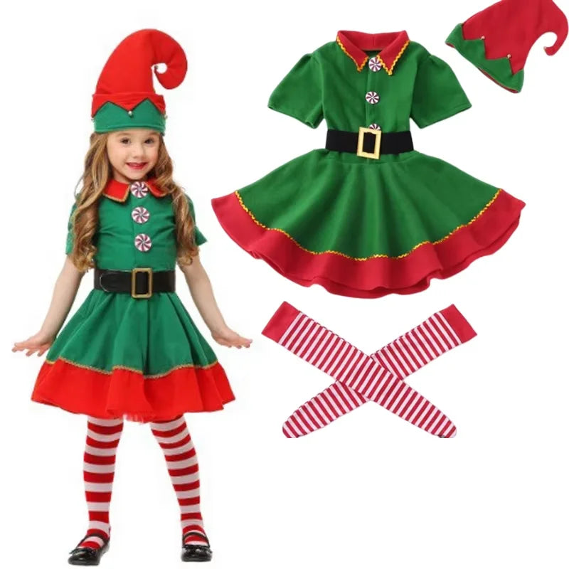 Kids Christmas Elf Costume Set Green Santa Suit with Hat for Little Girls Fancy Party Performance Outfit Dress Up Wear