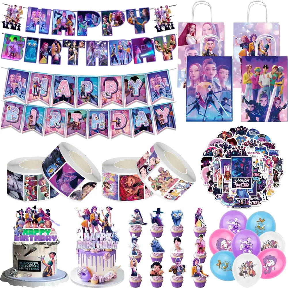 Demon Hunters Verjaardagsfeestje Decor Servies Banner Decoraties Cake Topper Ballon Meisje Kid Koreaanse Kpop Anime Party Leveranties Set