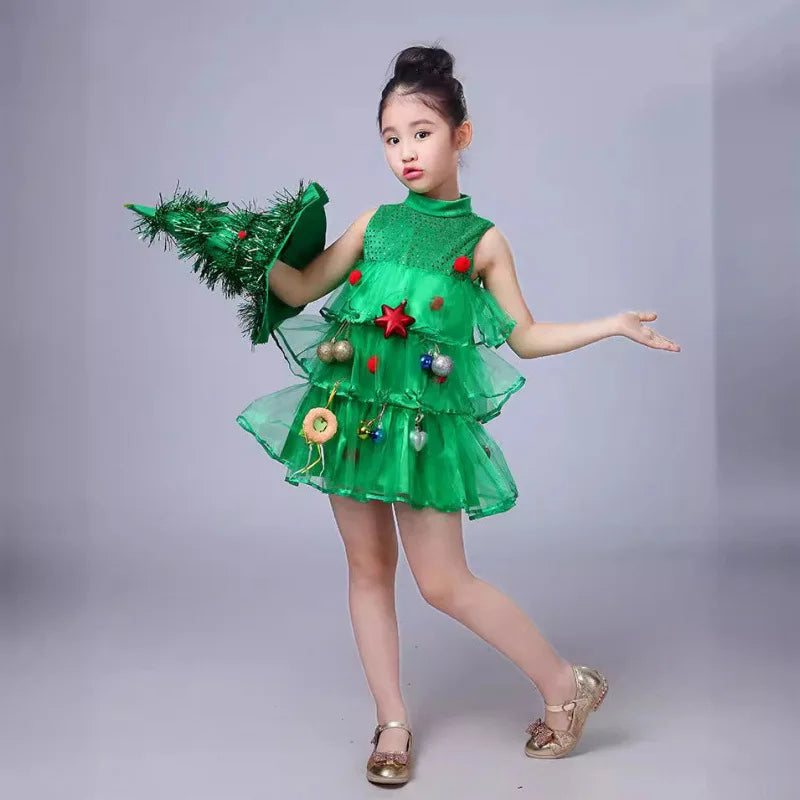 2025 Kids Girls Cosplay Christmas Tree Dress for Kids Costume With Green Hats Sleeveless Plush Ball Party Birthday Clothes 1-15Y