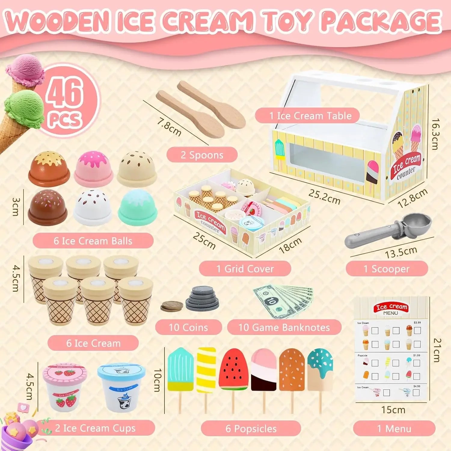 Ice Cream Counter Playset for Kids Montessori Pretend Play Food Toys Kitchen Accessories with Coin Role Play for Kids Girls Boys