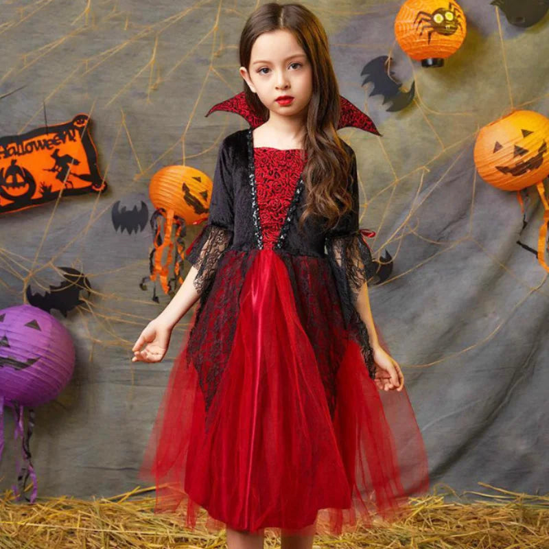 Halloween Girl Cosplay Vampire Dress For Kids Ghost Bride Vampire Costume Vampiran Carnival Party Outfits Scarlet Gothic Clothes