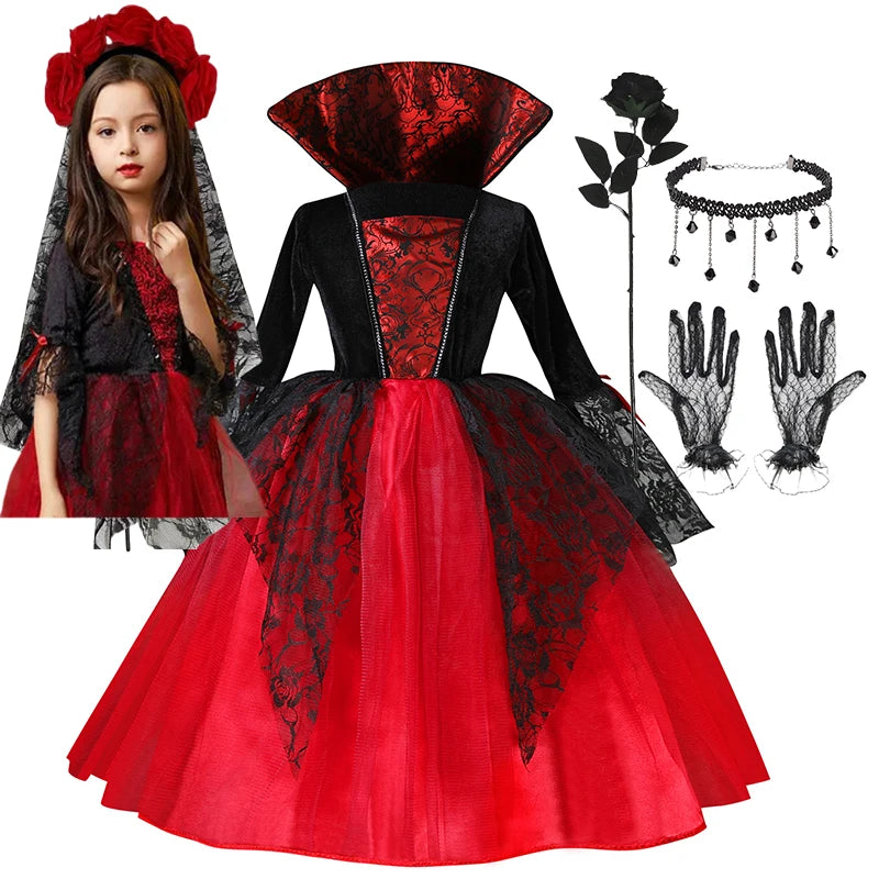 Halloween Girl Cosplay Vampire Dress For Kids Ghost Bride Vampire Costume Vampiran Carnival Party Outfits Scarlet Gothic Clothes