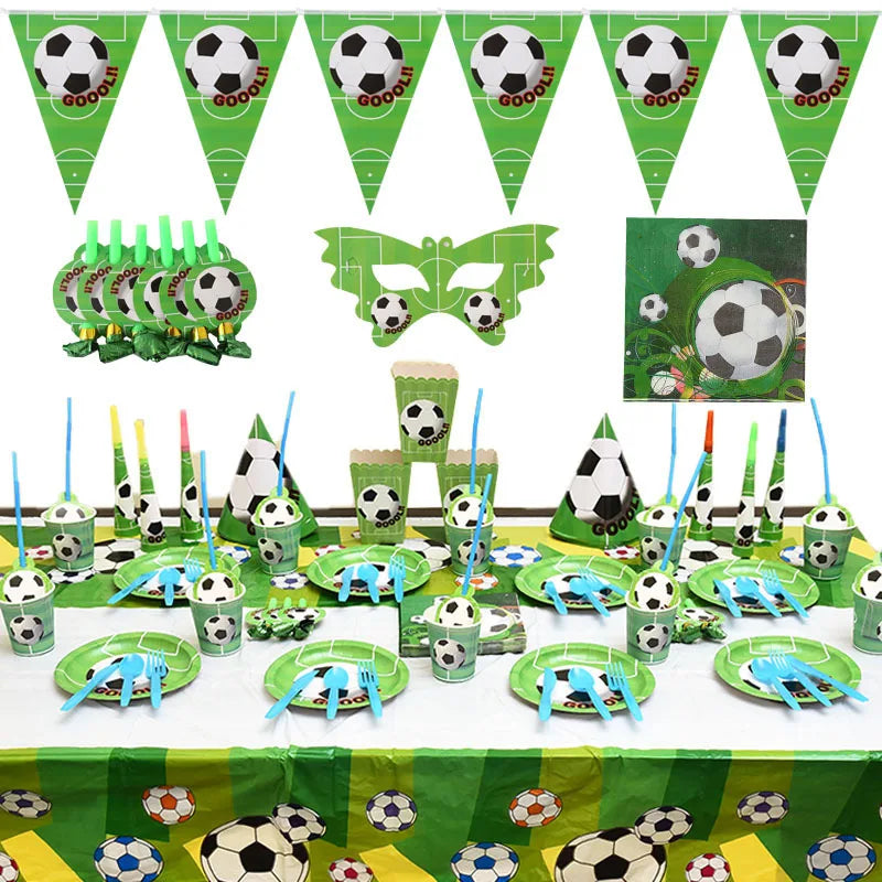 Voetbal Thema Verjaardagsfeestje Decoratie Servies Set Ballon Kit Voetbal Party Jongen Meisje kind Gunsten Banner Achtergrond Cup Plaat