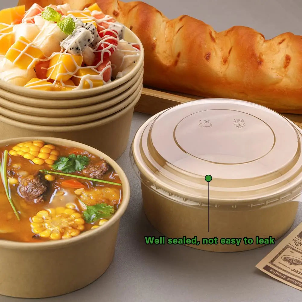 25 stuks wegwerp papieren saladekommen met transparante deksels, wegwerp ronde kraftpapier voedselcontainers, feestkommen
