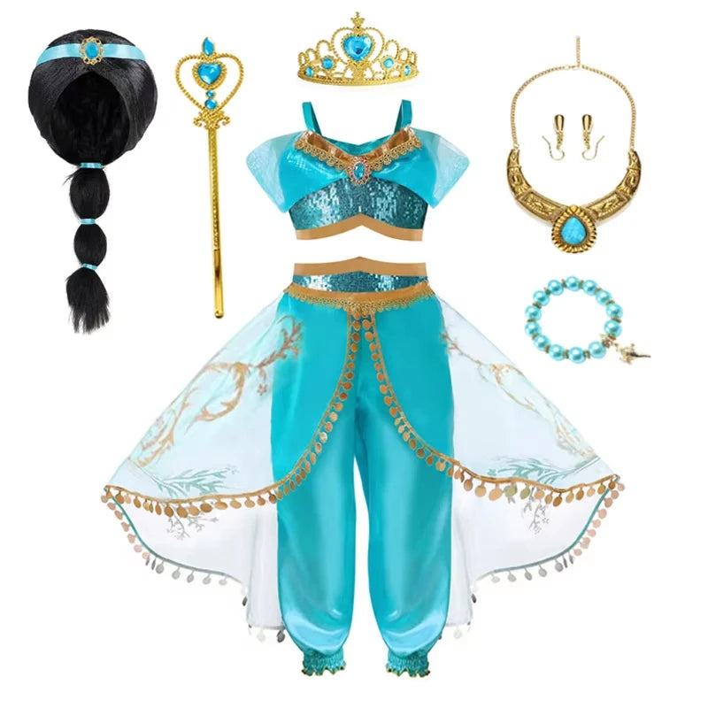 Jasmine Princess Dress for Girls Cosplay Aladdin Magic Lamp Costume Outfit Girls Halloween Kids Birthday Carnival Dance Vestidos